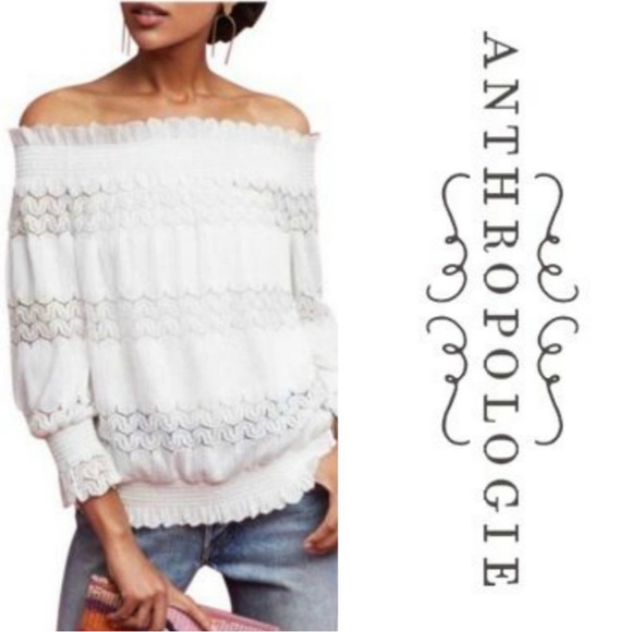 NWT Anthropologie Deletta Riley Long Sleeve Off-shoulder Crochet Lace Smock Top - Picture 2 of 14